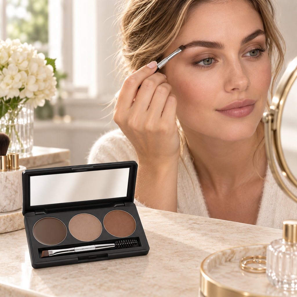 3 Shades Eyebrow Powder Palette, Long Wear Brow Filler with Mirror & Dual Brow Brush