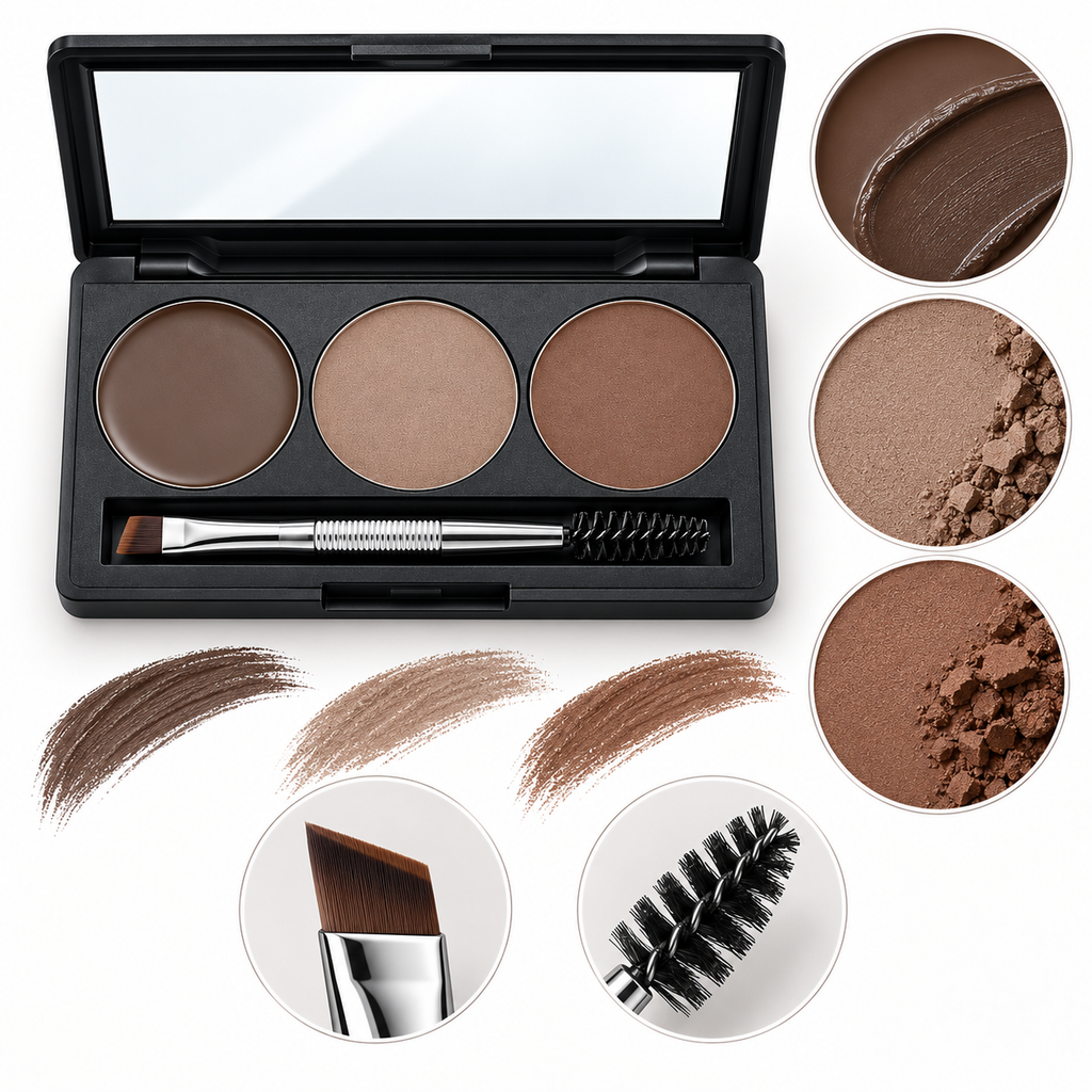 3 Shades Eyebrow Powder Palette, Long Wear Brow Filler with Mirror & Dual Brow Brush