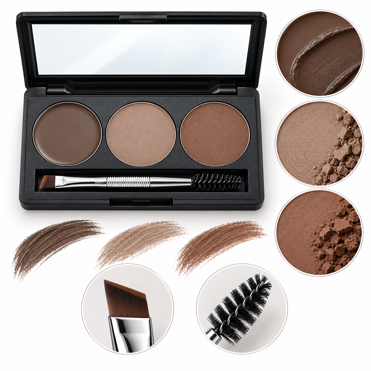 3 Shades Eyebrow Powder Palette, Long Wear Brow Filler with Mirror & Dual Brow Brush