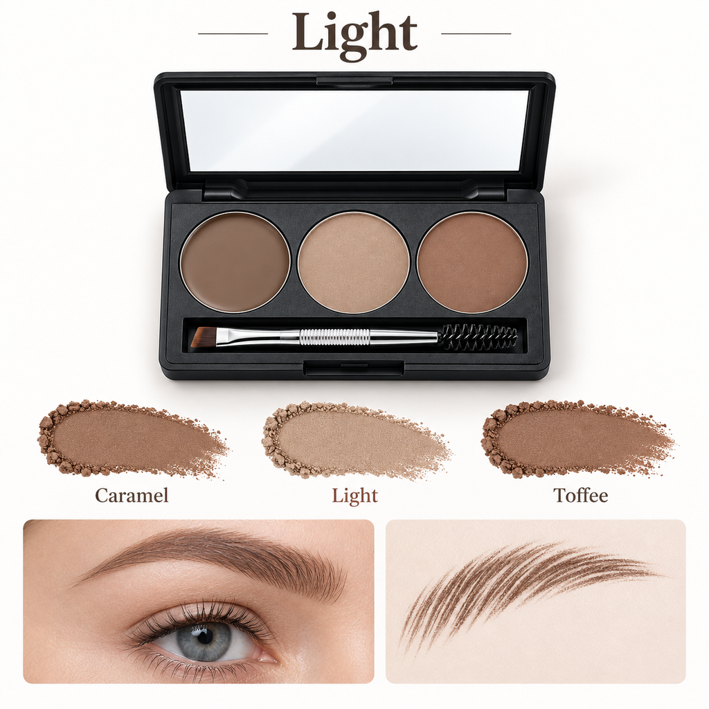 3 Shades Eyebrow Powder Palette, Long Wear Brow Filler with Mirror & Dual Brow Brush